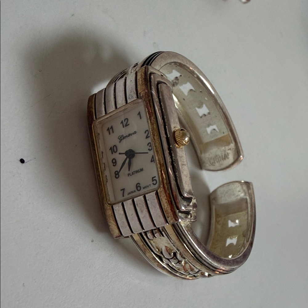 Geneva Silver-Tone Cuff Watch with Ivory Dial